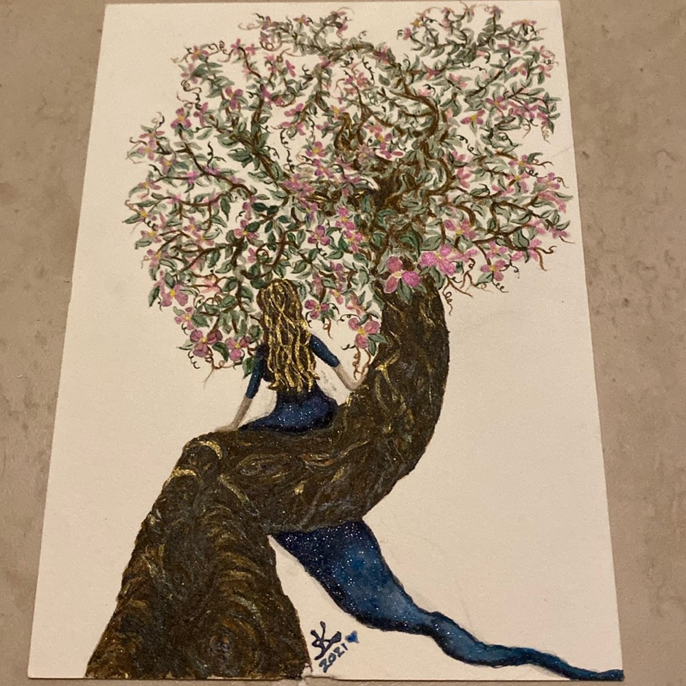 Unframed Original Art Watercolour Painting Lady Sitting in Blossoming Tree
